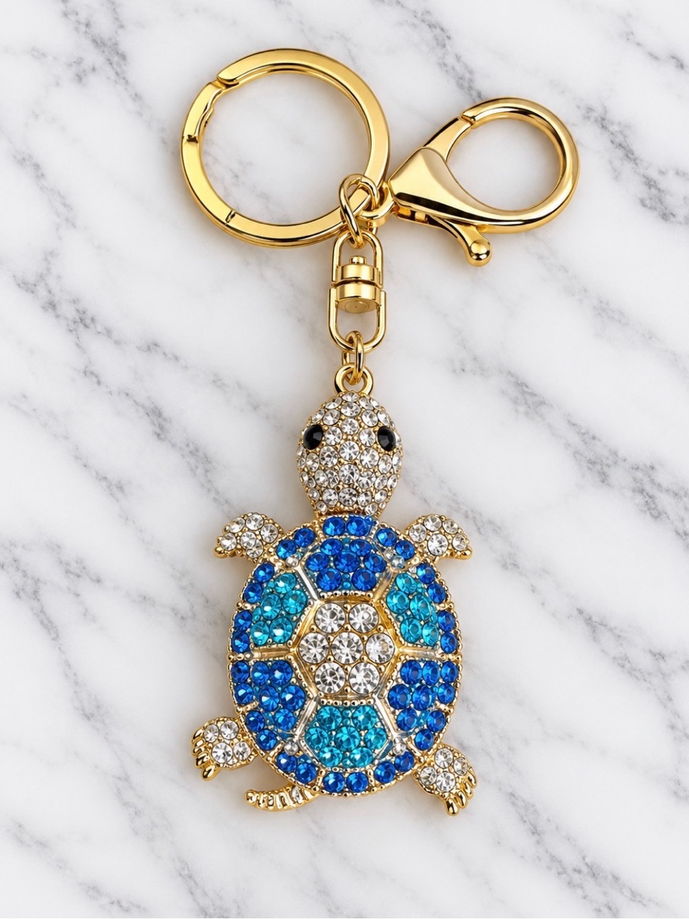 Bag Charm/Keyring-Blue and White Rhinestone Turtle Charm-Gold Hardware
